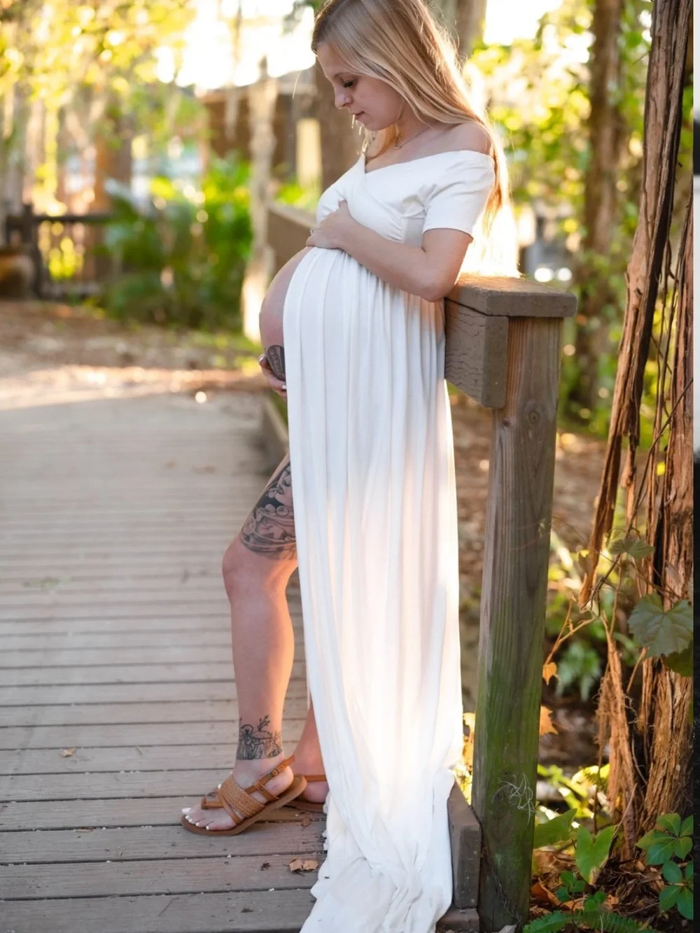 White Maternity Off-Shoulder Maxi Dress